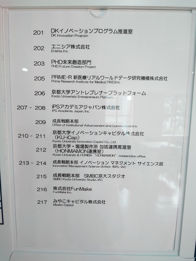 京都大学国際科学イノベーション棟の館内案内板に掲載された株式会社FunMakeの表示